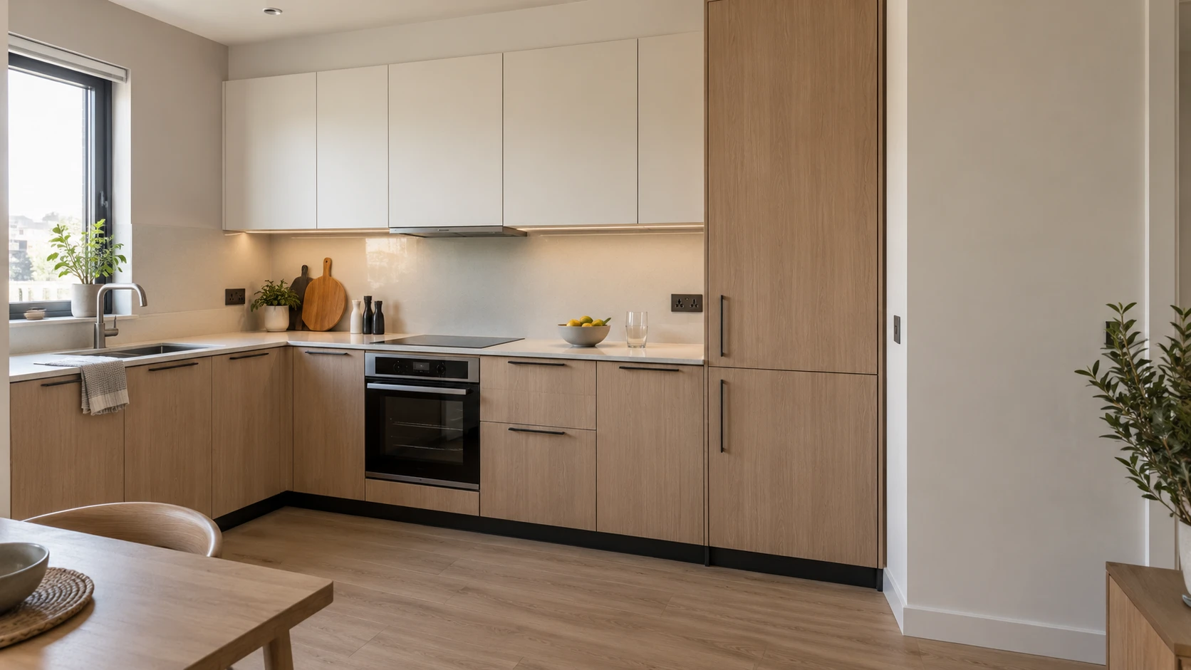 AI illustration of an apartment kitchen with integrated cabinetry